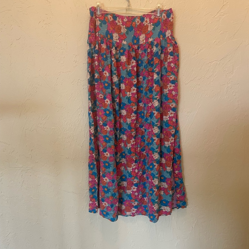 NATURAL LIFE Teal Maxi Skirt with Pink Floral Print